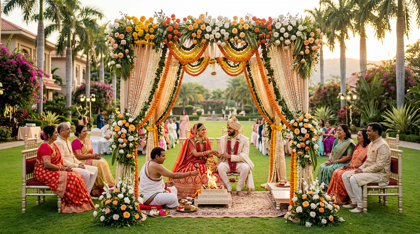 A traditional Hindu wedding ceremony on the lawns at Celebrity Resort, the couple at the sacred fire beneath a floral mandap